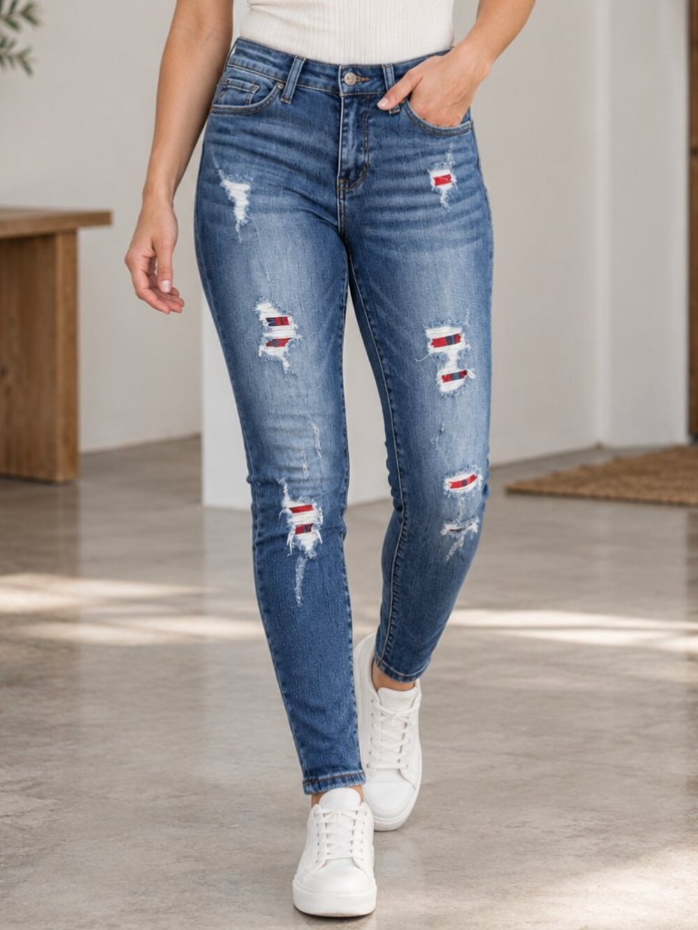 KanCan Plaid Patch Distressed Jeans 3/25